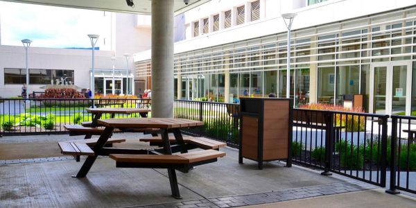 Re-plast-Nocolet-Hexigonal-Picnic-Tables-and-Wishbone-Urban-Form-Waste-Receptacle-at-Kelowna-General-Hospital